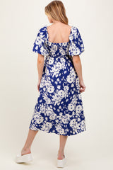 Navy Floral Scallop Trim Puff Sleeve Maternity Midi Dress