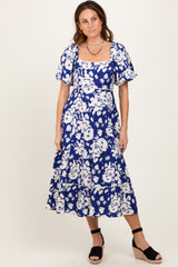 Navy Floral Scallop Trim Puff Sleeve Maternity Midi Dress