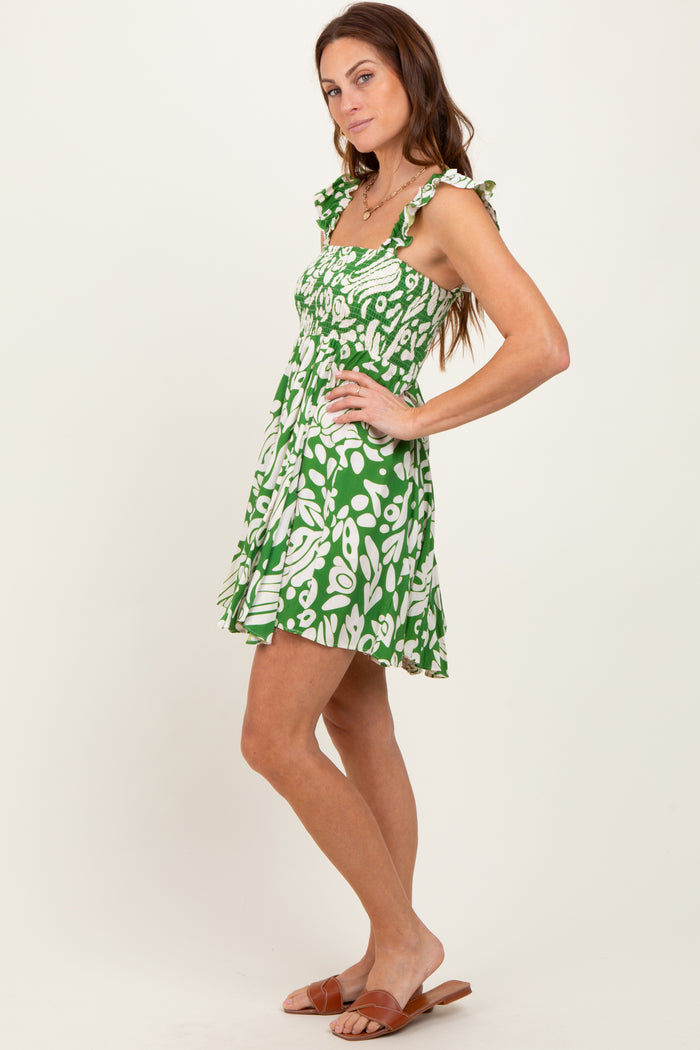 Green Printed Smocked Ruffle Strap Dress