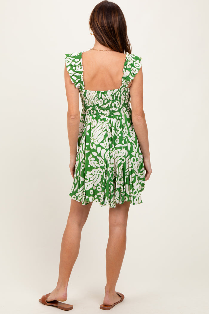 Green Printed Smocked Ruffle Strap Dress