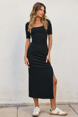 Black Ribbed Short Sleeve Side Slit Maternity Midi Dress