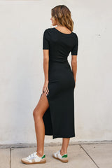 Black Ribbed Short Sleeve Side Slit Midi Dress