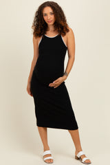Black Ribbed Knit Embroidered Maternity Midi Dress