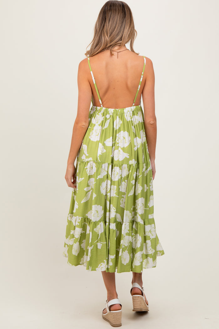 Lime Floral Front Tie Tiered Maternity Midi Dress