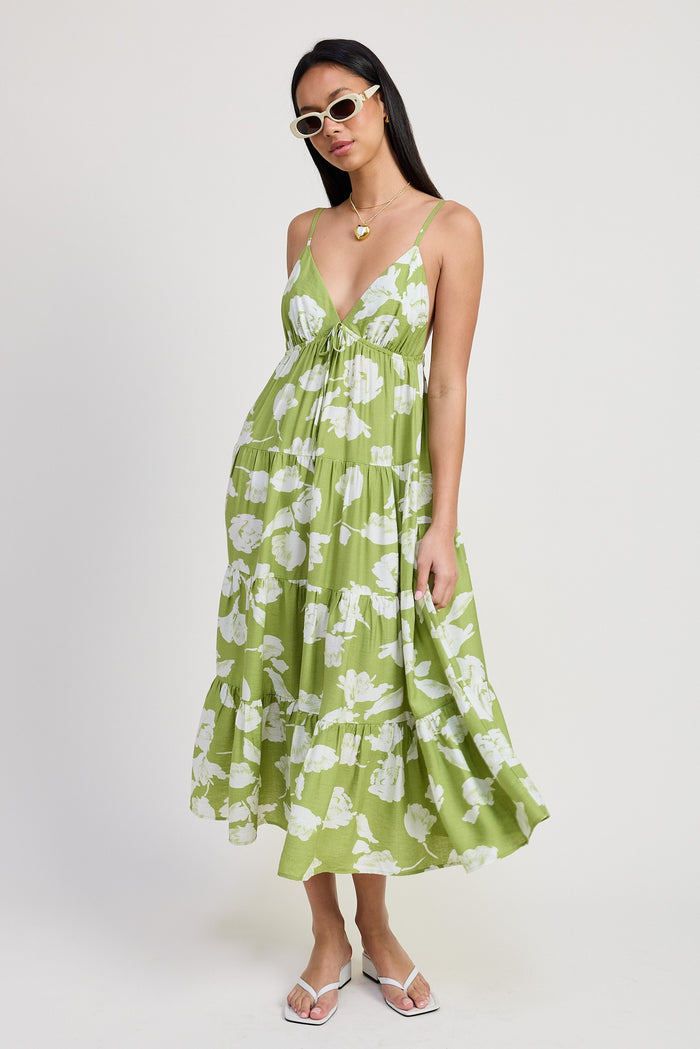 Lime Floral Front Tie Tiered Midi Dress