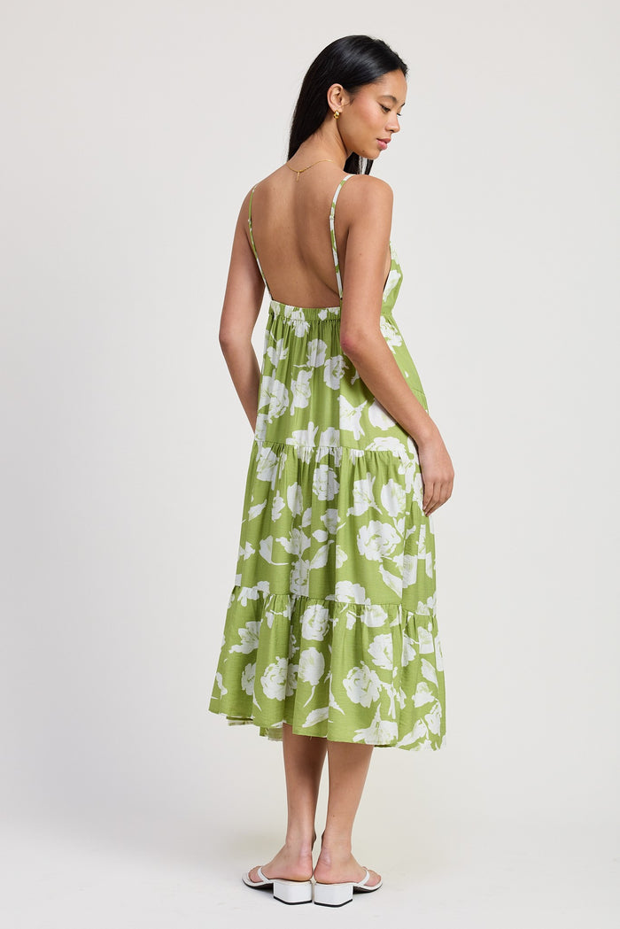 Lime Floral Front Tie Tiered Midi Dress
