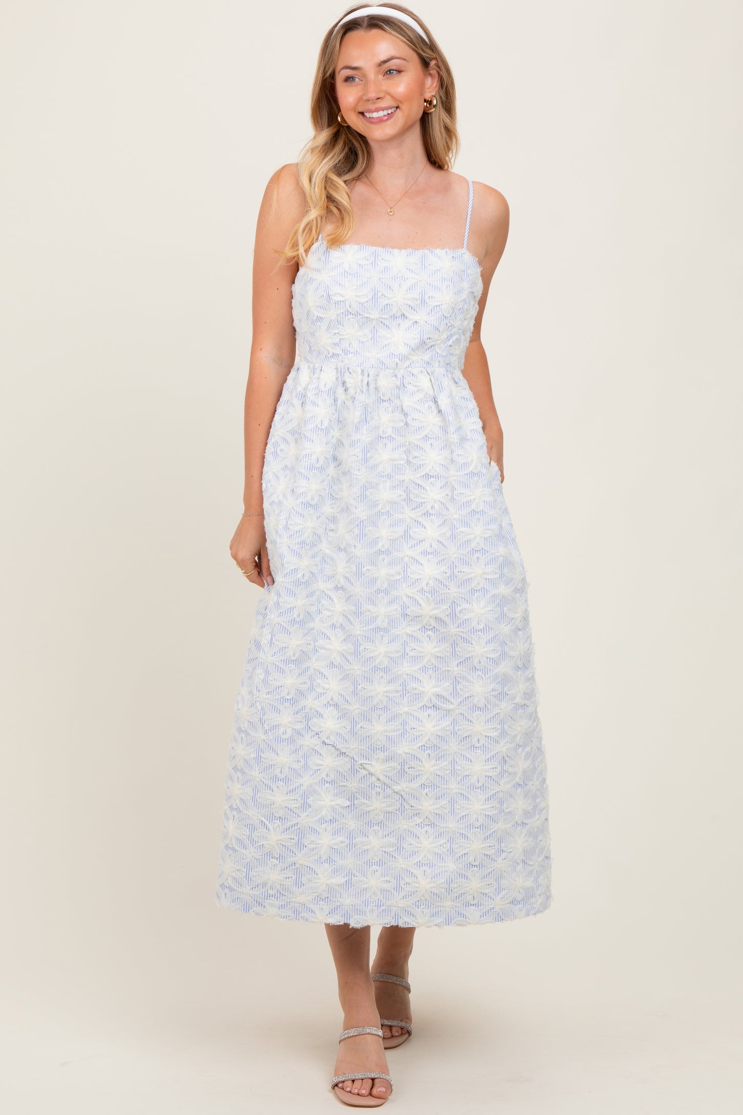 Blue Striped Floral Applique Maternity Midi Dress