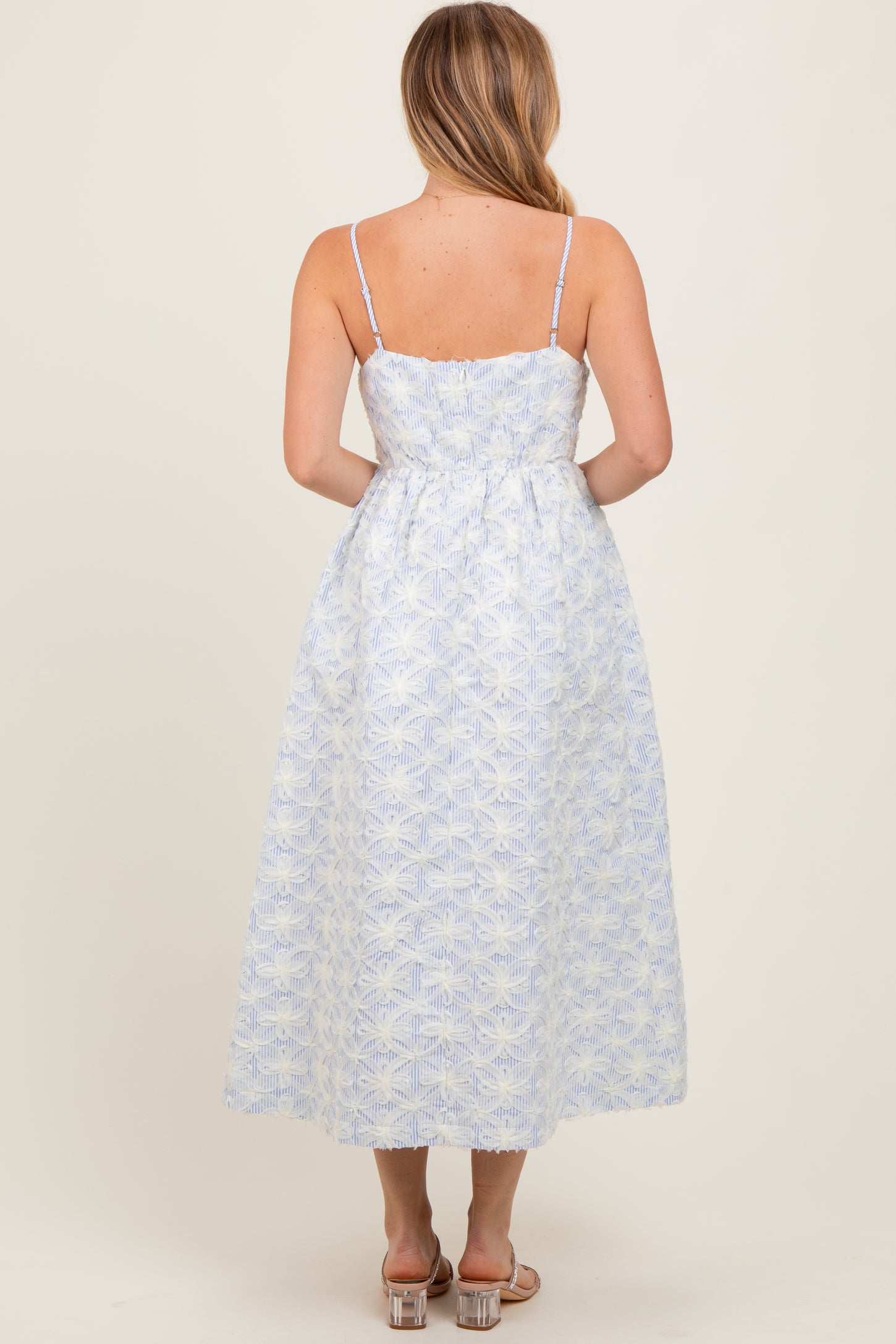 Blue Striped Floral Applique Midi Dress