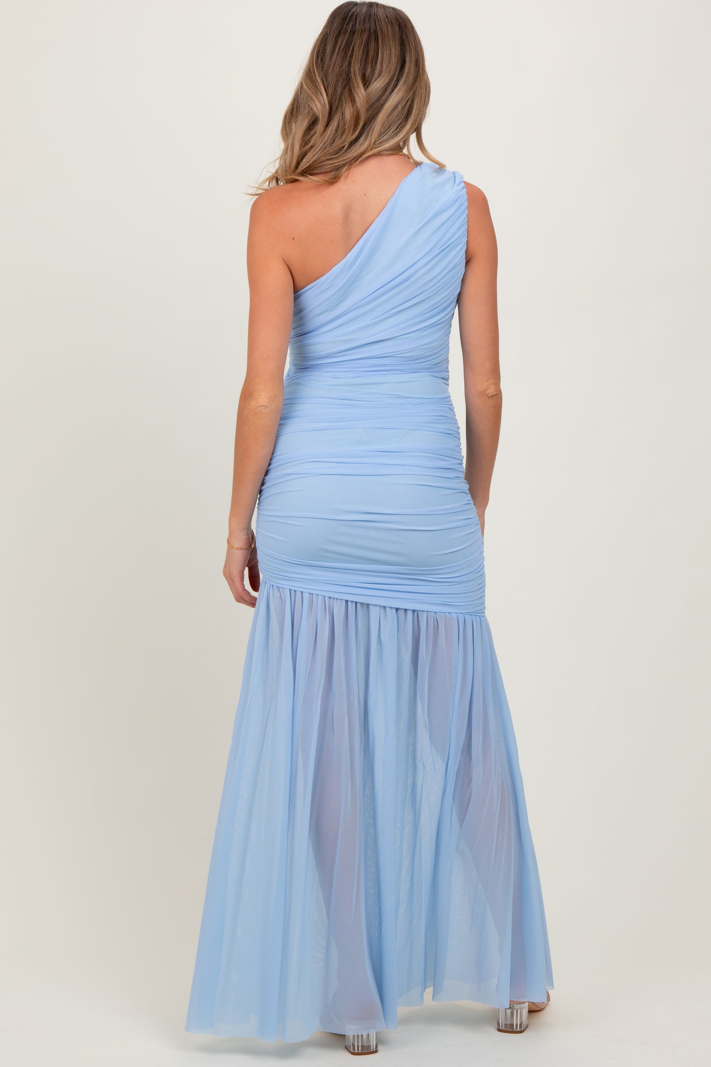 Light Blue Ruched Mesh One Shoulder Maternity Maxi Dress