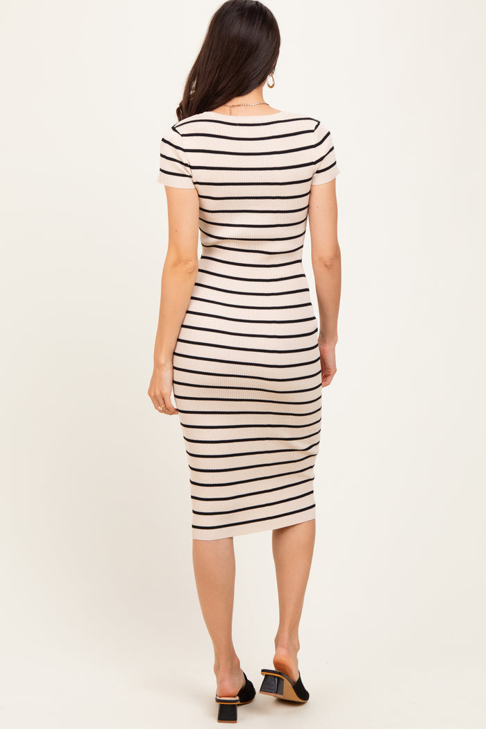 Cream Striped Ribbed Henley Fitted Midi Dress