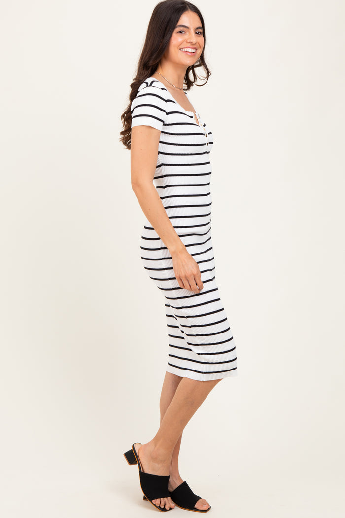 White Striped Ribbed Henley Fitted Midi Dress