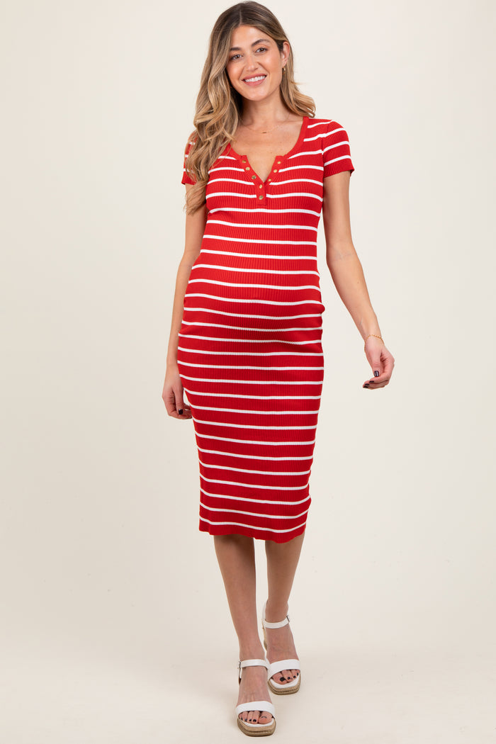 Red Striped Ribbed Henley Fitted Maternity Midi Dress