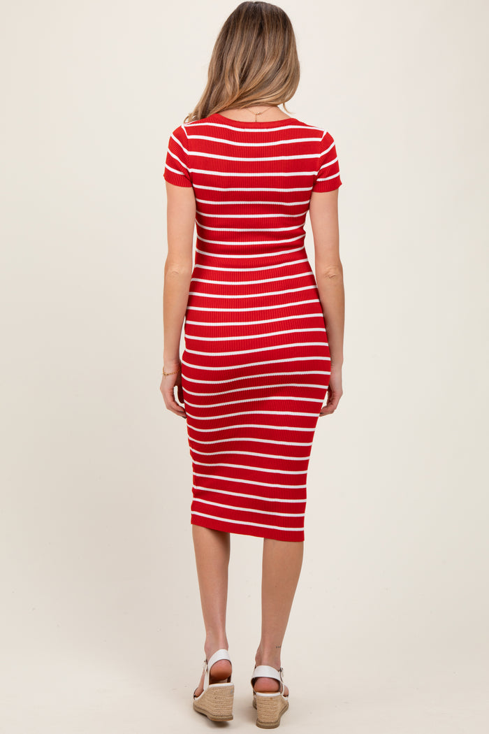 Red Striped Ribbed Henley Fitted Maternity Midi Dress