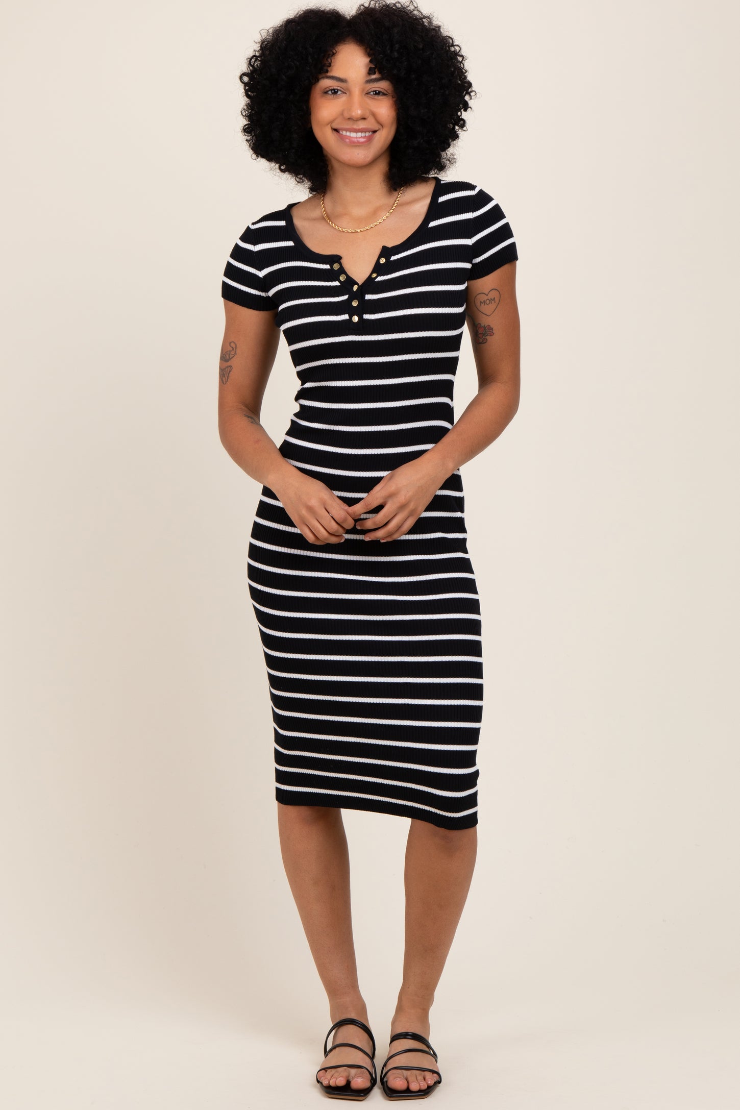 Black Striped Ribbed Henley Fitted Midi Dress