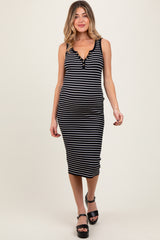 Black Striped Sleeveless Fitted Maternity Midi Dress