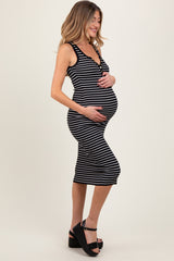 Black Striped Sleeveless Fitted Maternity Midi Dress