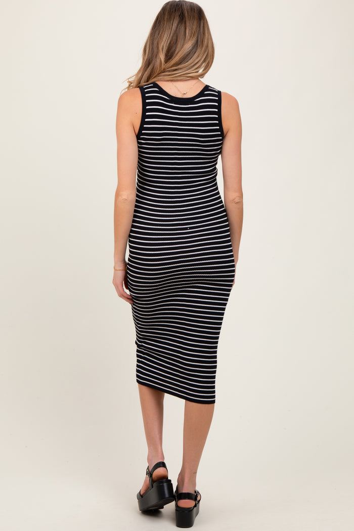 Black Striped Sleeveless Fitted Maternity Midi Dress