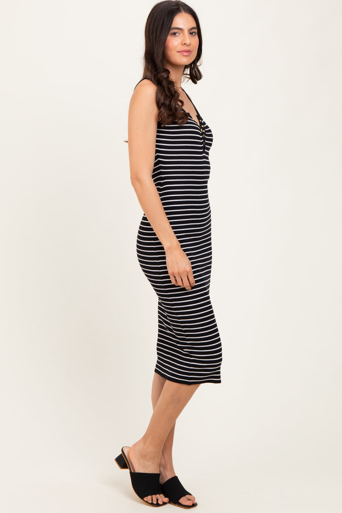 Black Striped Sleeveless Fitted Midi Dress