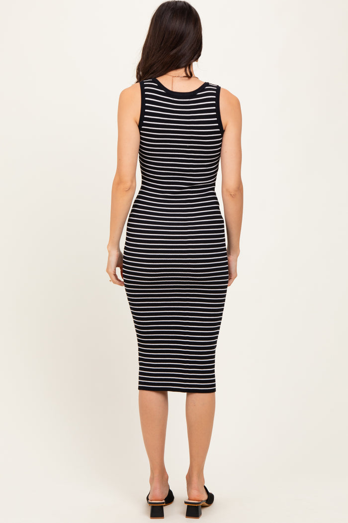 Black Striped Sleeveless Fitted Midi Dress