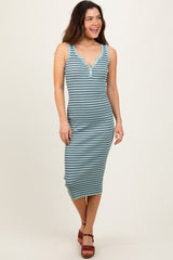 Mint Striped Sleeveless Fitted Midi Dress