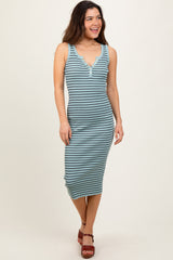 Mint Striped Sleeveless Fitted Maternity Midi Dress