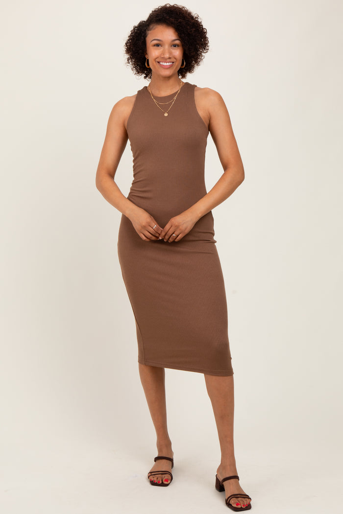 Brown Sleeveless Ribbed Knit Maternity Midi Dress