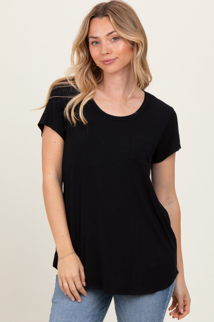 Black Round Neck Maternity Nursing Pocket T-Shirt