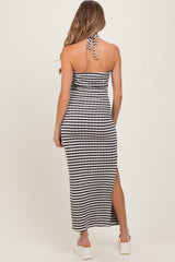 Black Striped Halter Neck Fitted Maternity Maxi Dress