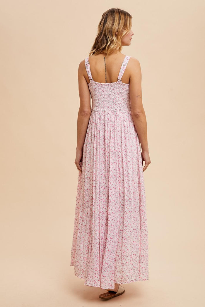 Pink Floral Button Down Sleeveless Maxi Dress