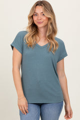 Blue V-Neck Pointelle Knit Top