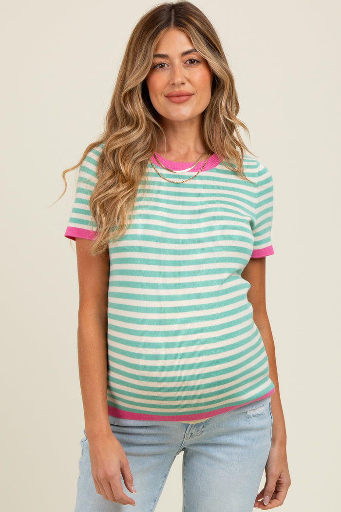 Mint Striped Knit Contrast Trim Maternity Top