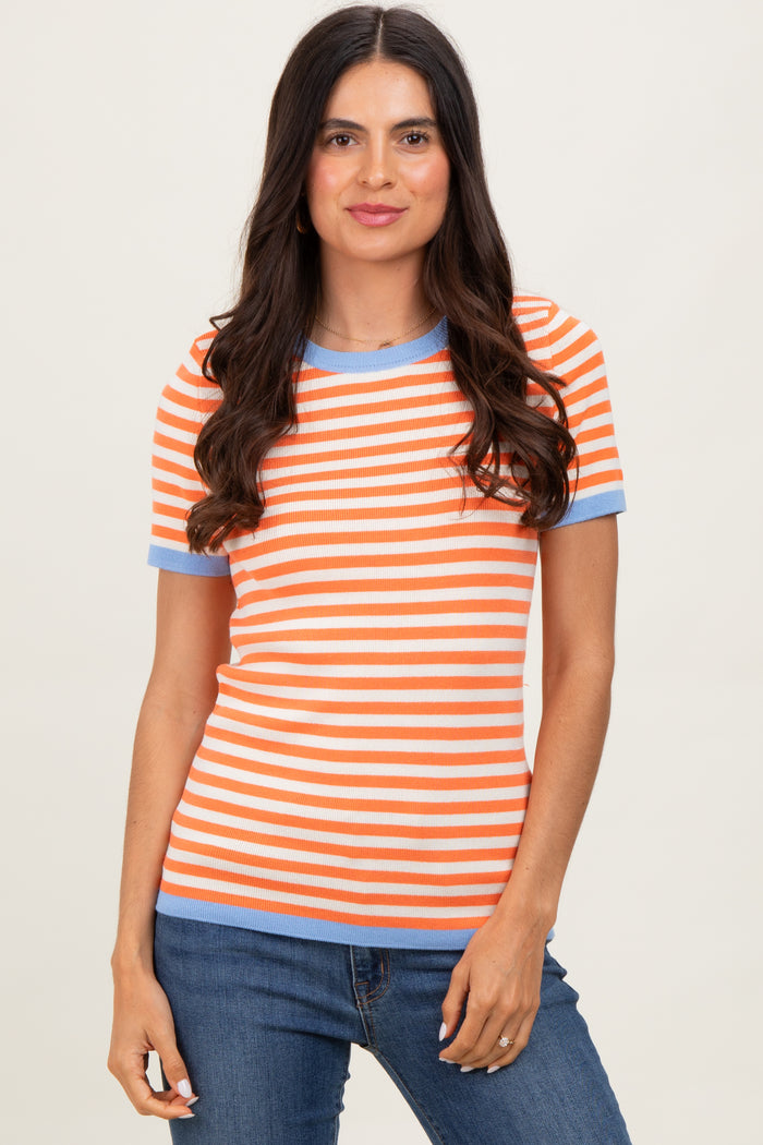 Orange Striped Knit Contrast Trim Maternity Top
