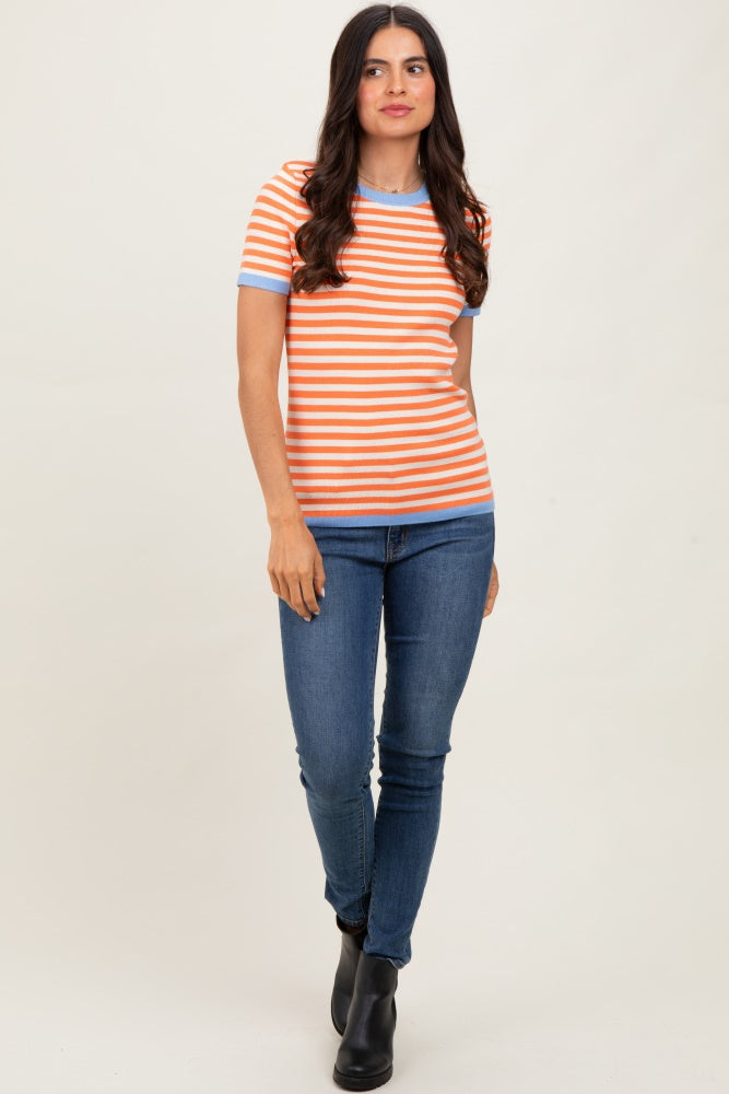 Orange Striped Knit Contrast Trim Top