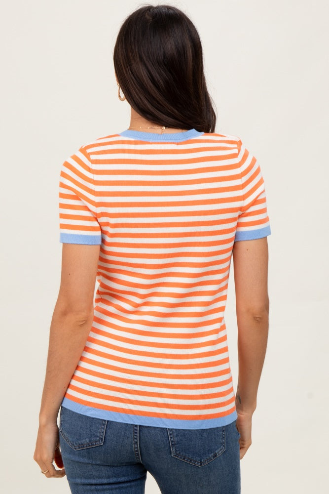 Orange Striped Knit Contrast Trim Top