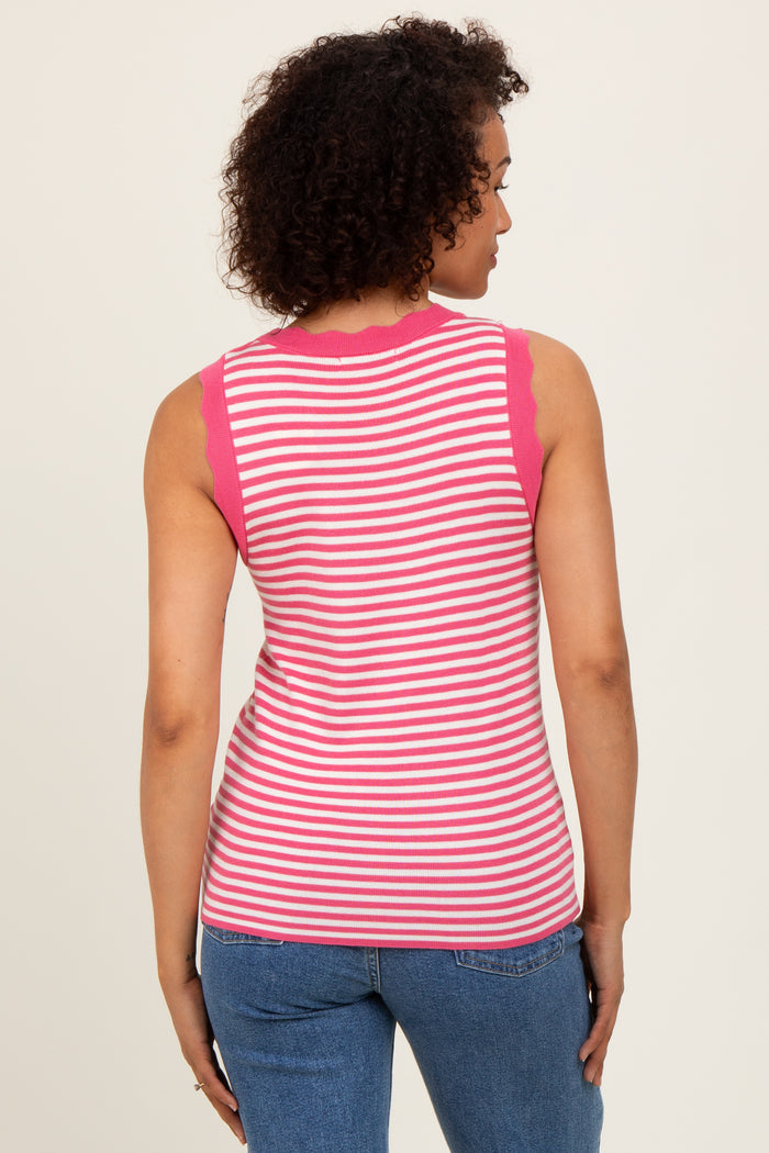 Pink Striped Knit Scallop Trim Sleeveless Top
