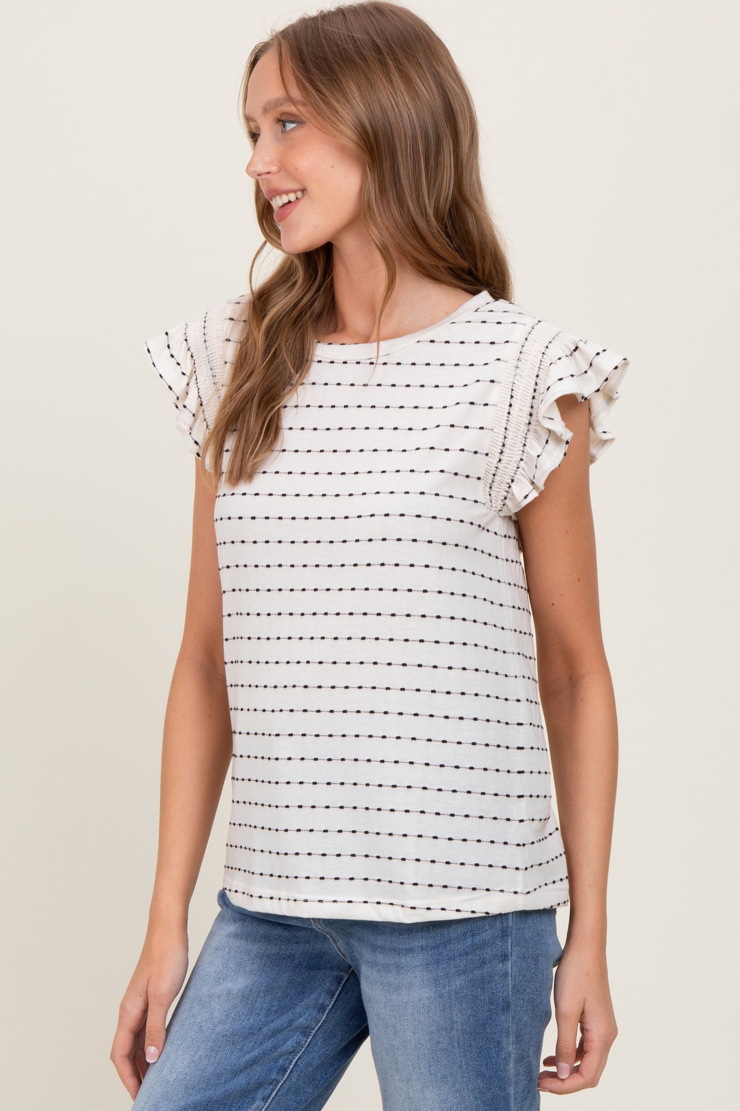 Black Dotted Stripe Ruffle Sleeve Top