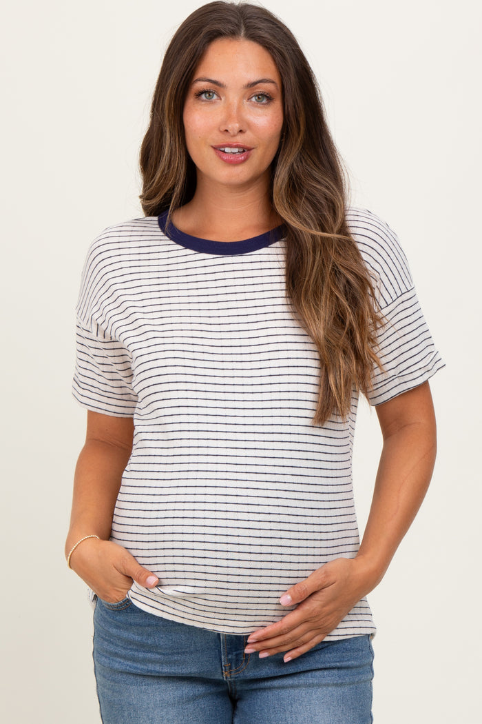 Navy Pointelle Knit Striped Maternity Top