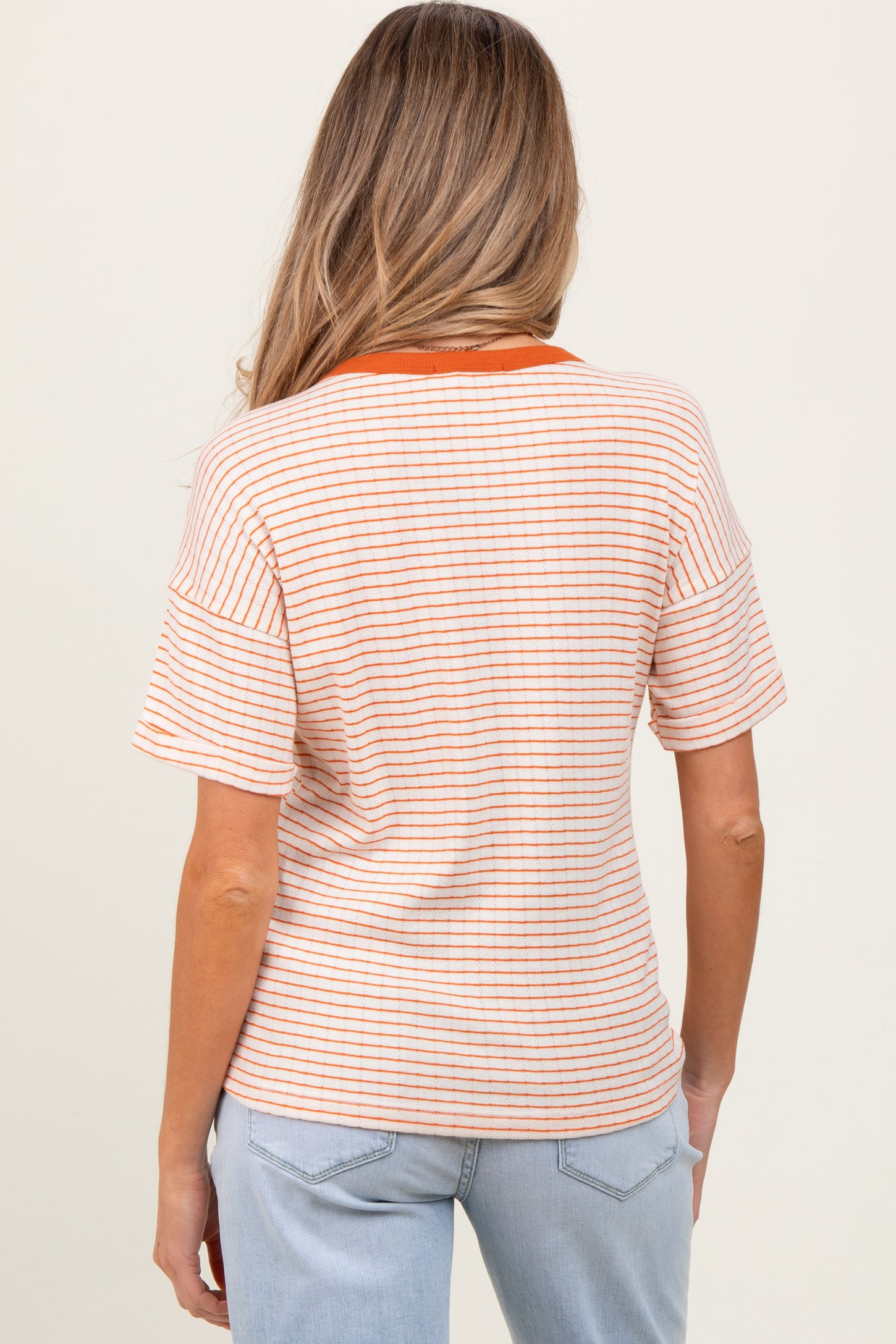 Orange Pointelle Knit Striped Maternity Top