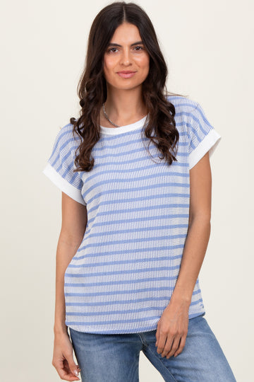 Blue Textured Striped Short Sleeve Top