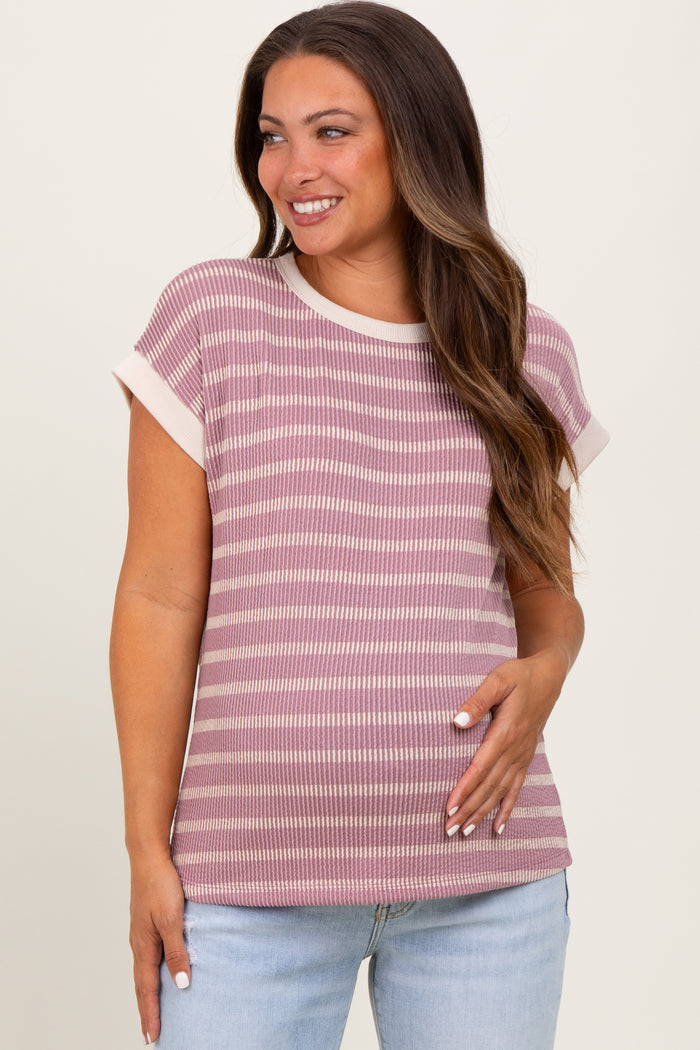 Mauve Textured Striped Maternity Short Sleeve Top