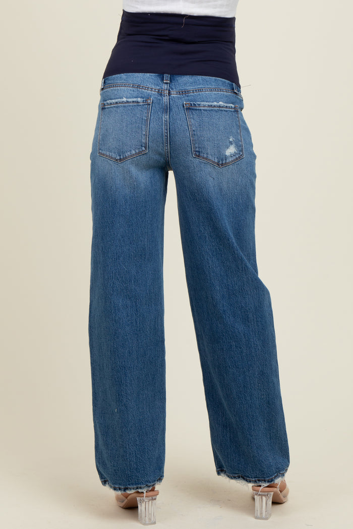 Navy Blue Stud Side Detail Maternity Wide Leg Jeans