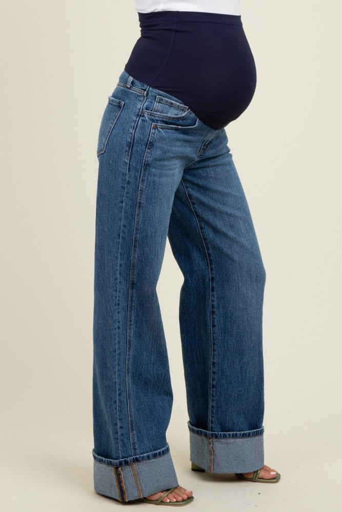 Navy Blue Cuffed Hem Baggy Wide Leg Maternity Jeans