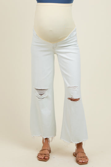Light Blue Distressed Open Knee Cropped Wide Leg Maternity Jeans
