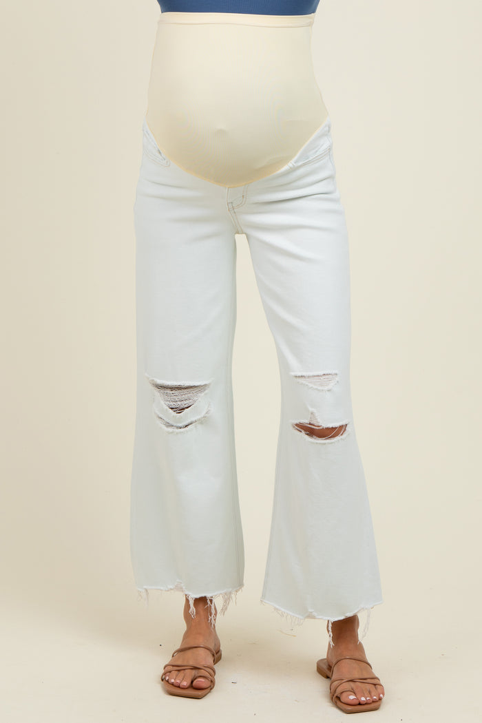 Light Blue Distressed Open Knee Cropped Wide Leg Maternity Jeans