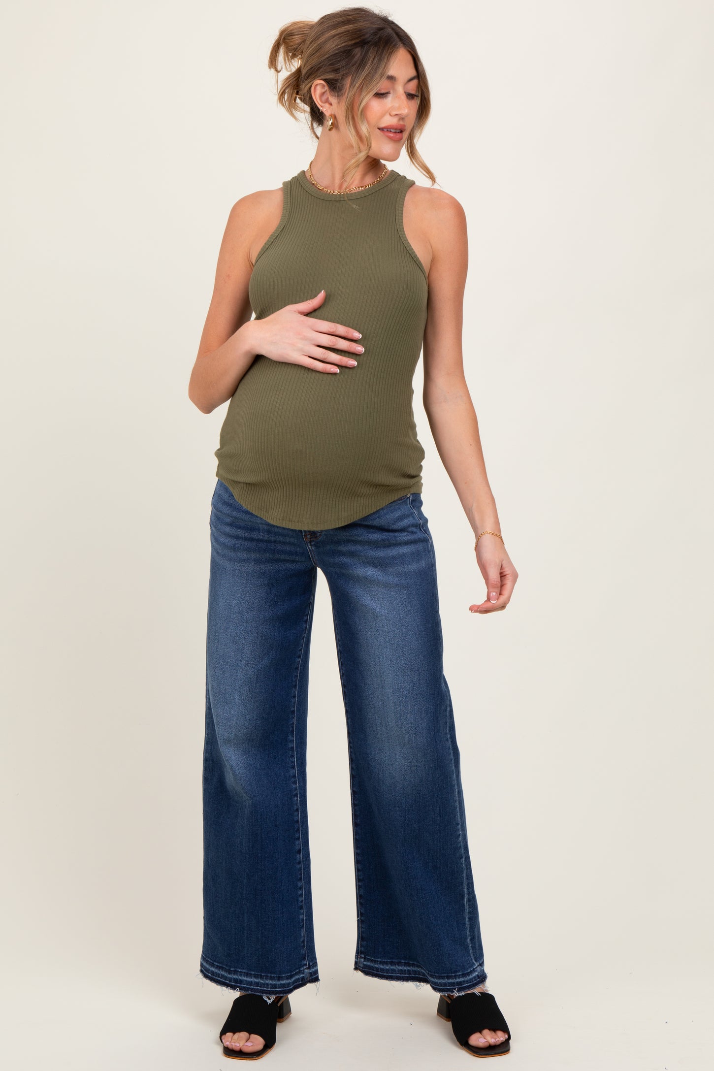 Navy Distressed Raw Hem Wide Leg Maternity Jeans