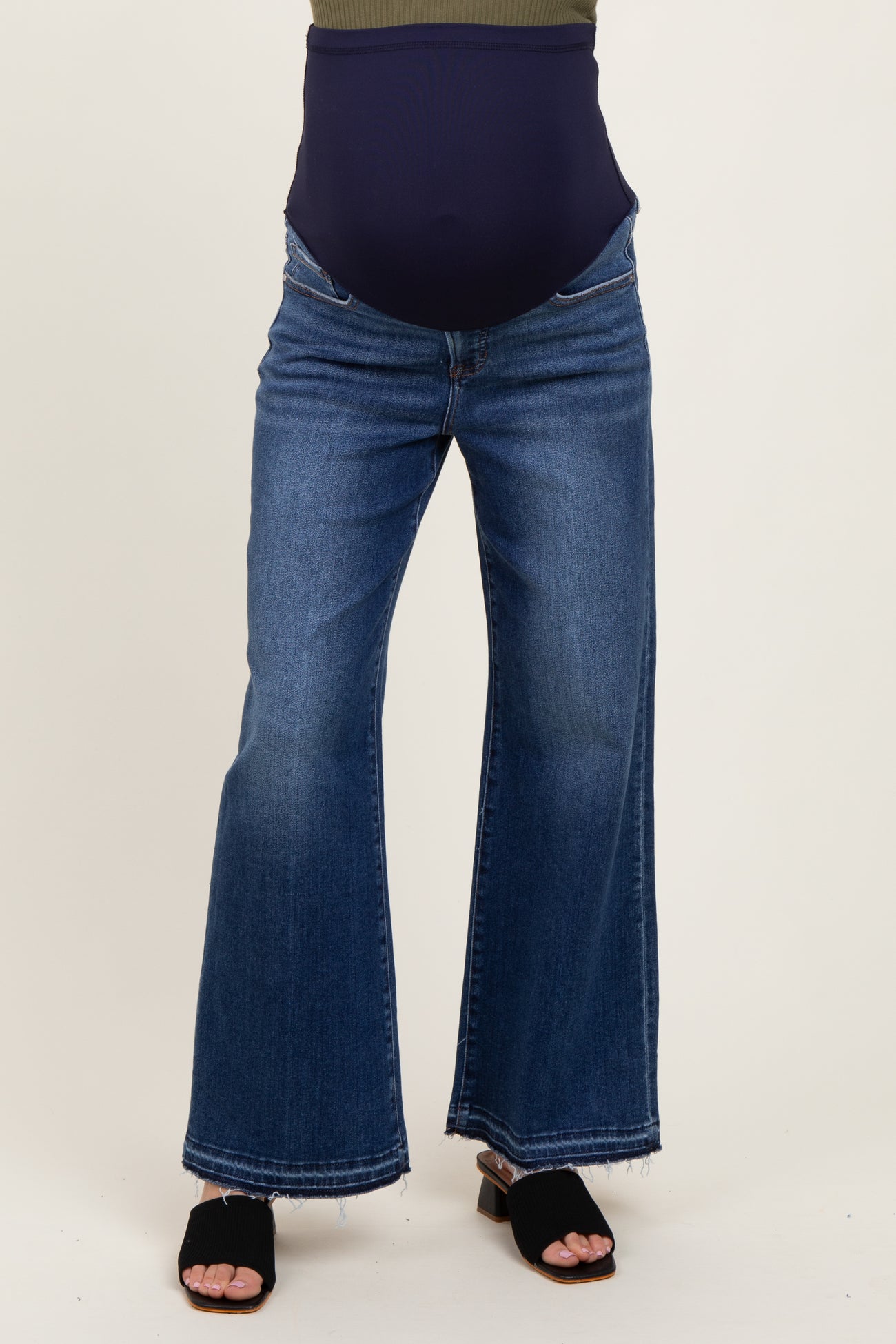 Navy Distressed Raw Hem Wide Leg Maternity Jeans