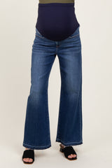 Navy Distressed Raw Hem Wide Leg Maternity Jeans
