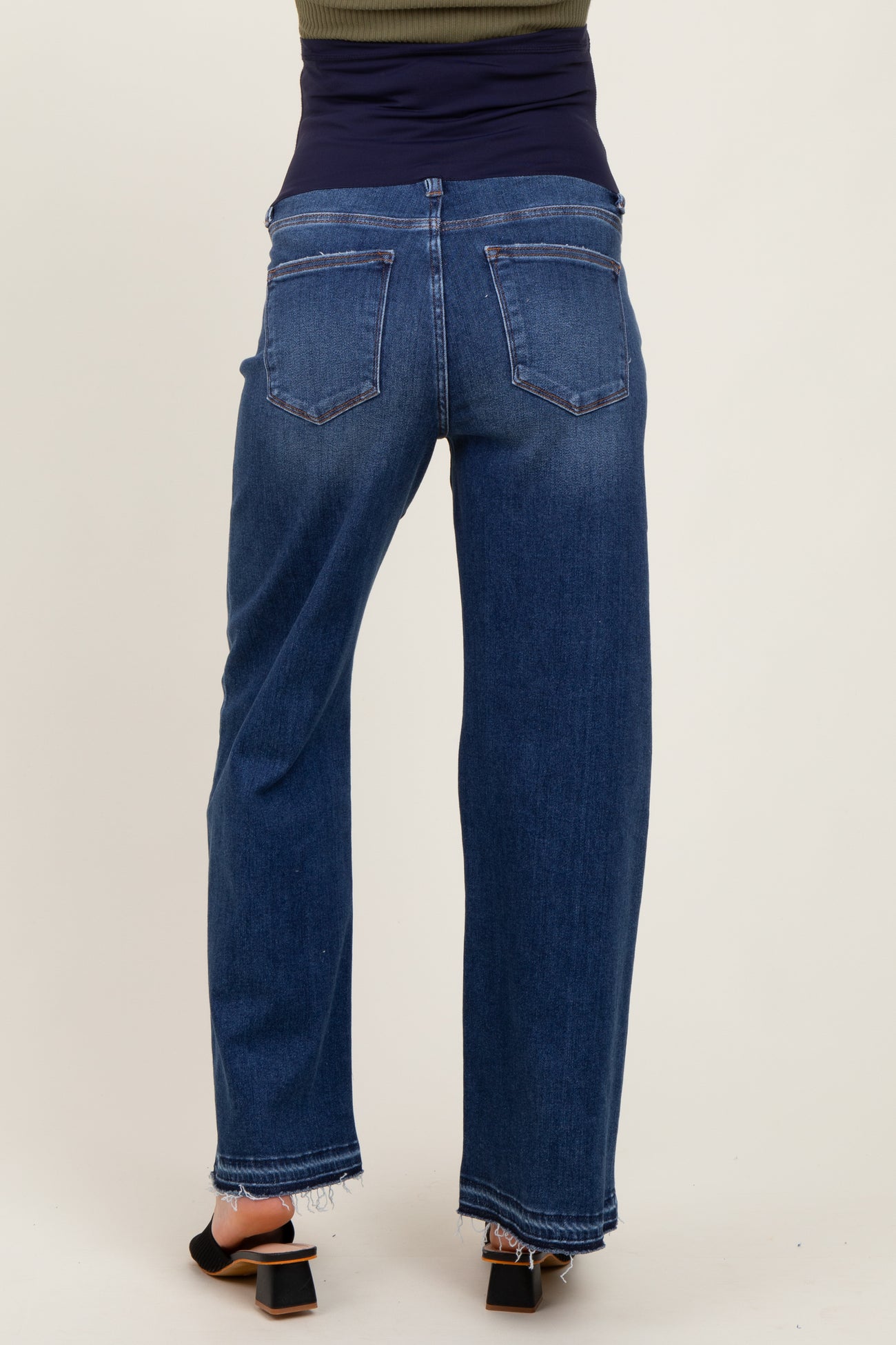 Navy Distressed Raw Hem Wide Leg Maternity Jeans
