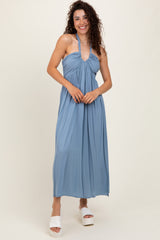 Blue Halter Neck Side Slit Maternity Midi Dress
