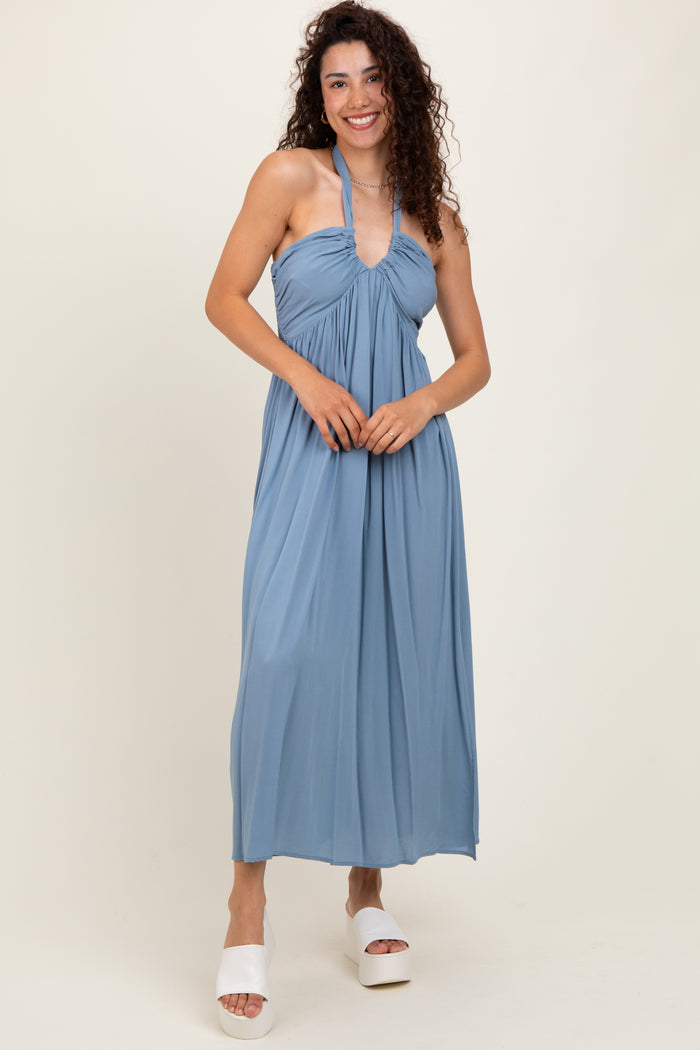 Blue Halter Neck Side Slit Maternity Midi Dress